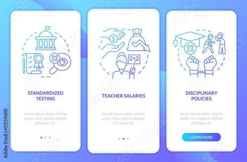 Major education issues blue gradient onboarding mobile app screen. Walkthrough 3 steps graphic instructions with linear concepts. UI, UX, GUI template. Myriad Pro-Bold, Regular fonts used