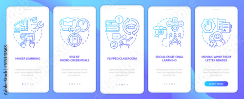 Trends in education blue gradient onboarding mobile app screen. Learning walkthrough 5 steps graphic instructions with linear concepts. UI, UX, GUI template. Myriad Pro-Bold, Regular fonts used