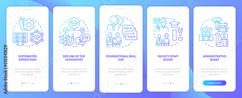 Problems in higher education blue gradient onboarding mobile app screen. Walkthrough 5 steps graphic instructions with linear concepts. UI, UX, GUI template. Myriad Pro-Bold, Regular fonts used