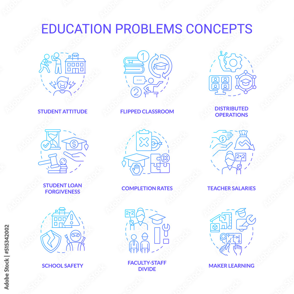 Education problem blue gradient concept icons set. Students issues. Education system challenges idea thin line color illustrations. Isolated symbols. Roboto-Medium, Myriad Pro-Bold fonts used