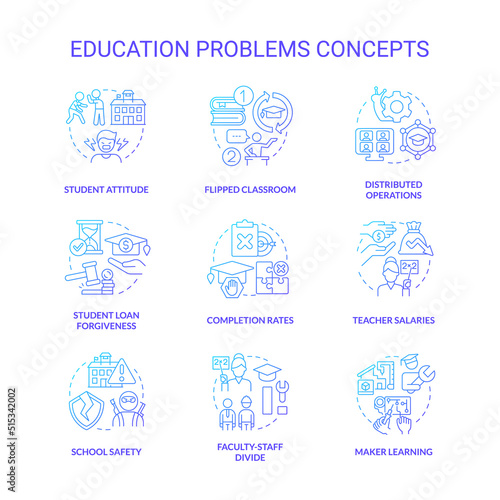 Education problem blue gradient concept icons set. Students issues. Education system challenges idea thin line color illustrations. Isolated symbols. Roboto-Medium  Myriad Pro-Bold fonts used