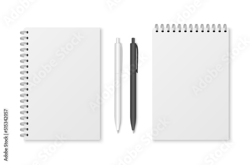 Mockup blank closed notepad  isolated on white background.  Template spiral copybook or organizer. White and black pen.