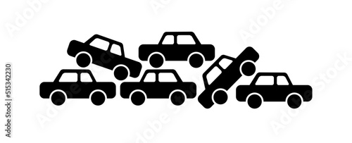 Bunch of cars. Traffic jam, crowded parking or car graveyard vector black illustration isolated on white background.