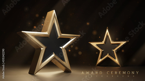 Award ceremony background with 3d gold star element and shining light effect decoration and bokeh.