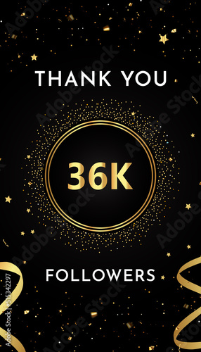 Thank you 36k or 36 thousand followers with gold glitters and confetti isolated on black background. Premium design for social sites posts, greeting card, banner, social networks, poster.