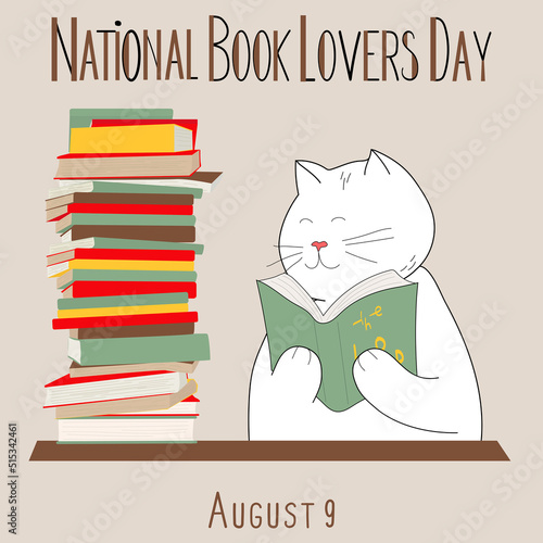 National Book Lovers Day. Unofficial holiday 9 august calendar page with cute cat