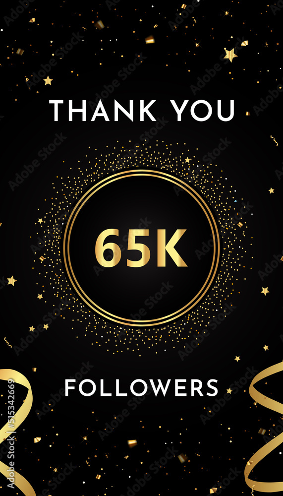 Thank you 65k or 65 thousand followers with gold glitters and confetti isolated on black background. Premium design for social sites posts, greeting card, banner, social networks, poster. Thank you 65k or 65 thousand followers with gold glitters and confetti isolated on black background. Premium design for social sites posts, greeting card, banner, social networks, poster.