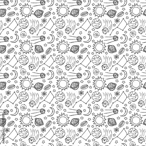 Seamless space pattern. Cosmos background. Doodle vector space illustration with planets  comet  stars  moon  sun and black hole