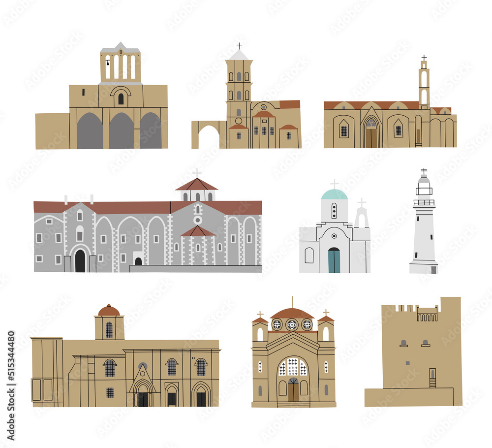 Vector color hand drawn illustration with Cyprys churches and monasteries. Stone Orthodox Christian Greek Arhitecture buildings set - obrazy, fototapety, plakaty 