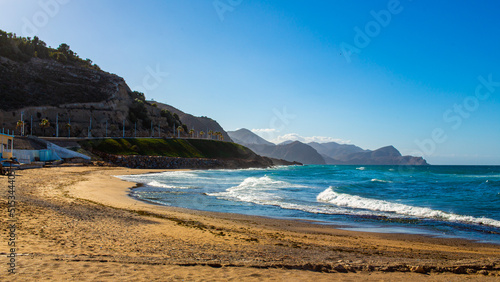 Beautiful seascape with mountains behind it in Al Hoceima, Morocco photo