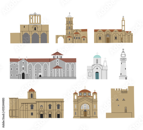 Vector color hand drawn illustration with Cyprys churches and monasteries. Stone Orthodox Christian Greek Arhitecture buildings set