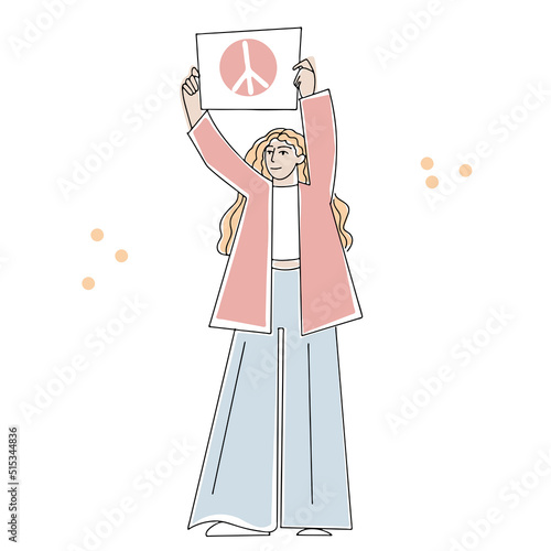 Women's protests. Girl with a banner. Demonstration, protest holding banner with protest caption. Protest against war, agitation for peace. Vector illustration.