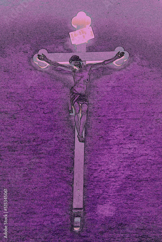Illustrated image of crucified Jesus on purple background