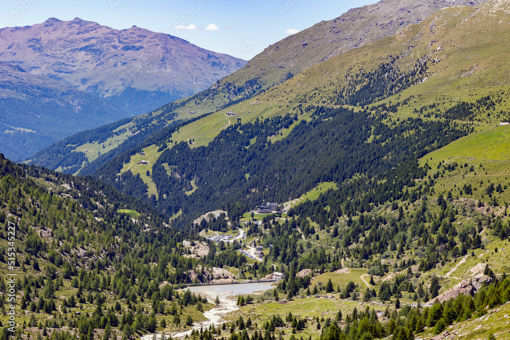 view of the Forni valley from the Branca refuge, Stelvio National Park, Italy, July 2022