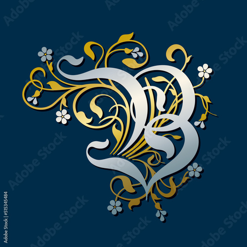 Ornamental Silver Initial Letter B With Golden Tendrils, Leaves And Forget-me-not Flowers On A Dark Blue Background