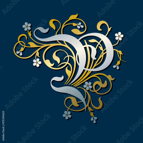 Ornamental Silver Initial Letter P With Golden Tendrils, Leaves And Forget-me-not Flowers On A Dark Blue Background
