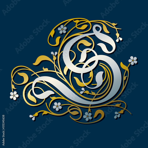 Ornamental Silver Initial Letter S With Golden Tendrils, Leaves And Forget-me-not Flowers On A Dark Blue Background