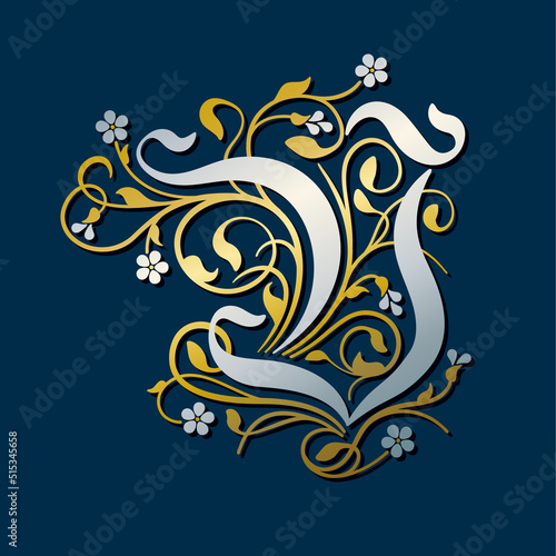 Ornamental Silver Initial Letter V With Golden Tendrils, Leaves And Forget-me-not Flowers On A Dark Blue Background