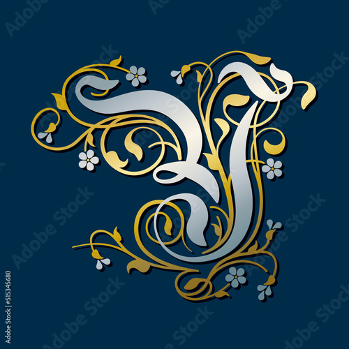 Ornamental Silver Initial Letter Y With Golden Tendrils, Leaves And Forget-me-not Flowers On A Dark Blue Background