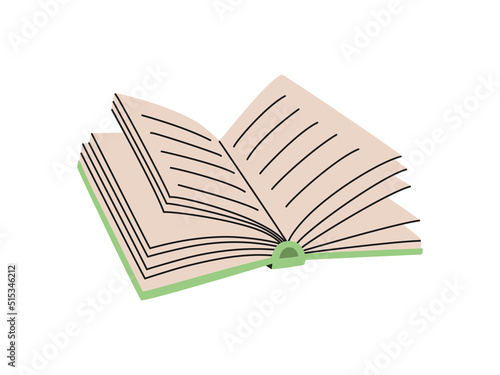 Open book. Reading and education concept. Hand drawn vector illustration isolated on white background. Modern flat cartoon style.