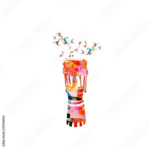  Atabaque drum, Brazilian capoeira musical instrument, colorful with musical notes and hummingbirds vector illustration