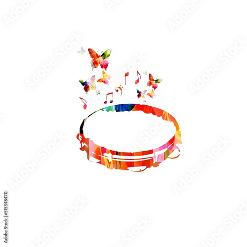  Pandeiro, Brazilian capoeira musical instrument, colorful with musical notes and butterflies vector illustration