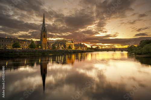 Beautiful sunset at St Matthew's Church on River Tay with reflection , Perth , Scotland