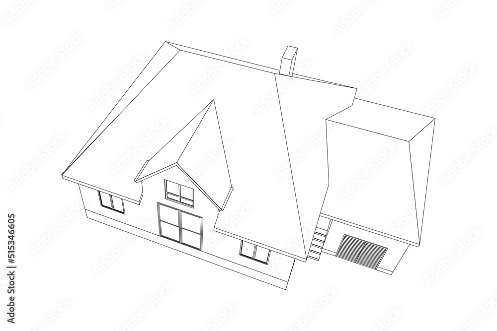 3D suburban house model. Drawing of the modern building. Cottage project on white background. Vector blueprint. 3D suburban house model. Drawing of the modern building. Cottage project on white background. Vector blueprint.
