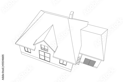 3D suburban house model. Drawing of the modern building. Cottage project on white background. Vector blueprint.