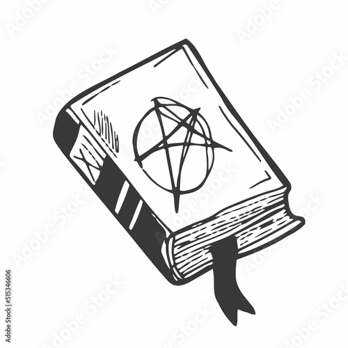 Dark magic spell book cartoon drawing, cute black and white wiccan grimoire. Isolated vector illustration. photo