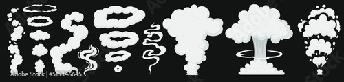 Smog smell collection, puff smoke, explosion elements. Steaming cloud flows, clouds vector illustrations set. Cartoon smoke or dust clouds, smoke puff, stream cloud elements. Steaming dust silhouettes