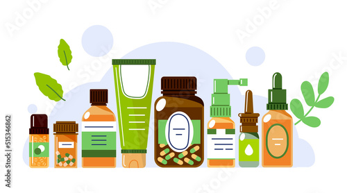 Hemeopathic or herb medicine,pills in different packages with leaf in background