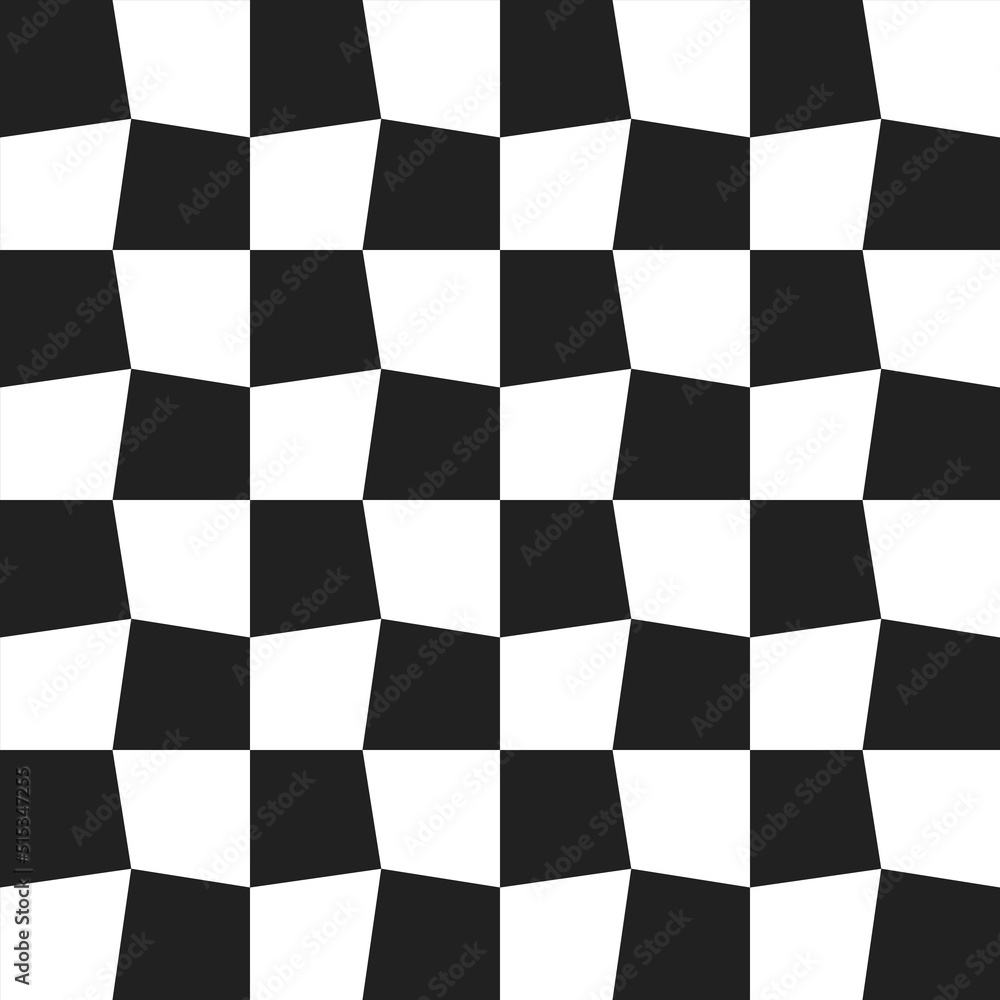 Checkered cells are curved from irregular squares. Decoration and print for surfaces, decor decoration. Black and white checkers. Checkered cells are curved from irregular squares. Decoration and print for surfaces, decor decoration. Black and white checkers.