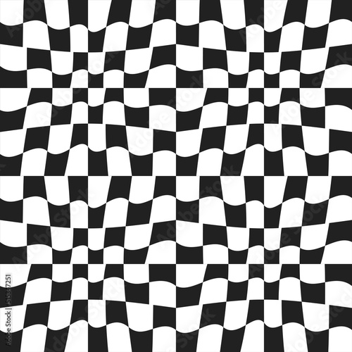 Checkered cells are fluid curves. Decoration and print for surfaces, decor decoration. Black and white checkers seamless.