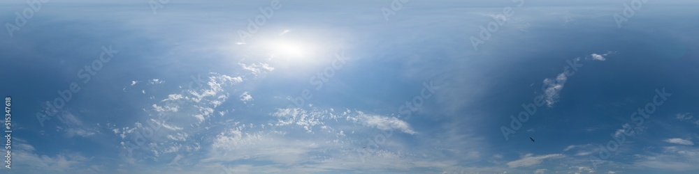 Blue summer sky panorama with light Cirrus clouds. Hdr seamless spherical equirectangular 360 panorama. Sky dome or zenith for 3D visualization and sky replacement for aerial drone 360 panoramas. Blue summer sky panorama with light Cirrus clouds. Hdr seamless spherical equirectangular 360 panorama. Sky dome or zenith for 3D visualization and sky replacement for aerial drone 360 panoramas.