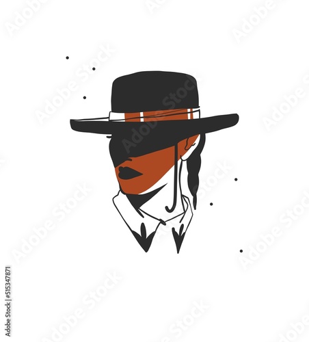 Hand drawn abstract vector graphic clipart illustration boho cowgirl in hat portrait.Western female design concept.Bohemian wild west contemporary art.Cowboy girl modern drawing.American cowgirl logo.