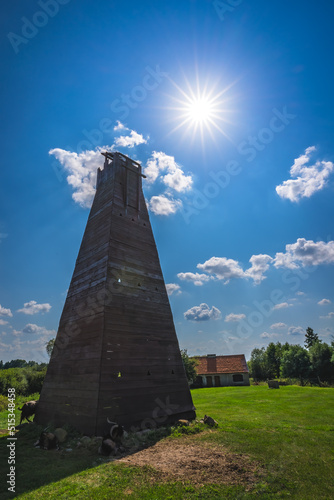 Low angle shot of ancient wooden tower used in attacking medieval castles during a siege