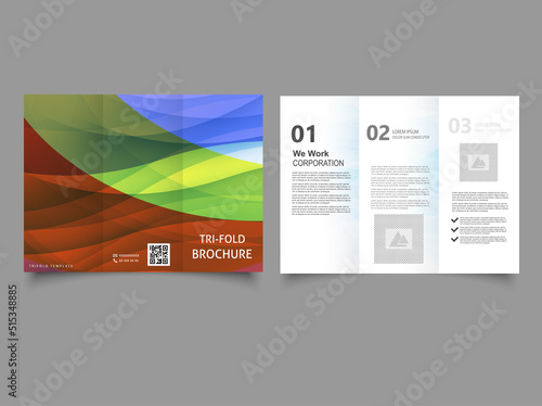 Bright trifold brochure with waves. Vector graphics and design.