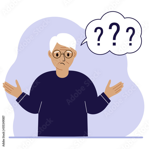 Illustration of a old man who is confused, questioning. Want to find answers. People around the question mark. Grandfather expressions are in a daze and need help.