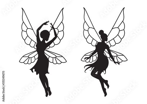 Collection of silhouettes of an Afro fairy woman. African girl with wings simple drawing. Isolated on white. Vector illustration.