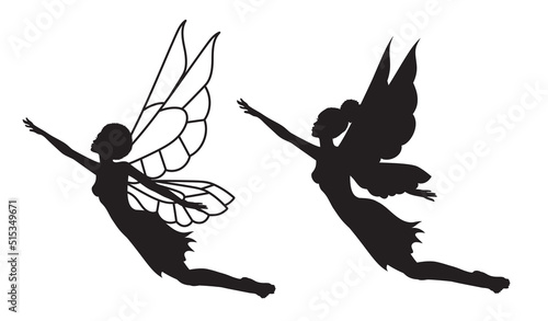 Collection of silhouettes of an Afro fairy woman. African girl with wings simple drawing. Isolated on white. Vector illustration.