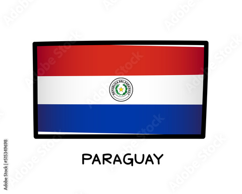 Flag of Paraguay. Colorful Paraguayan flag logo. red, white and blue brush strokes, hand drawn. Black outline. Vector illustration