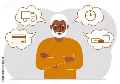 Ordering and delivery process concepts. Sad grandfather and steps of a delivery order. Payment, delivery car, waiting hours and goods and purchases.