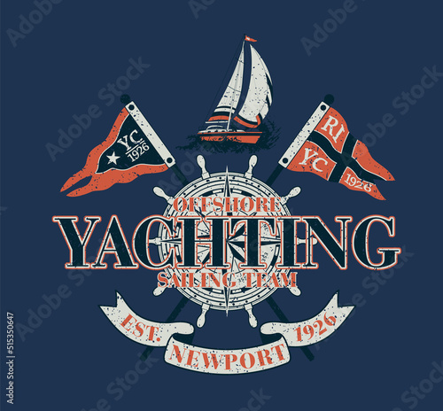 Offshore sailing team yachting club vintage vector print for boy kid t shirt grunge effect in separate layer