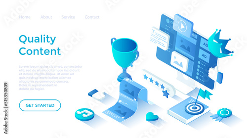 High Quality Content. Content marketing and optimization. Adding photos, videos, posts to the website, blog, social network. Isometric illustration. Landing page template for web on white background.