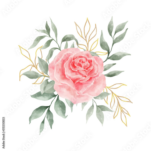 Pink and Red Rose Flowers Watercolor vector isolated on white background. Vintage Flowers and Leaves graphic for wedding, invitation card. Floral illustration