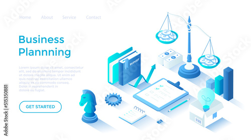 Business Planning. Startup, success strategy, target, idea, investment, money making. Business plan on clipboard, budget. Isometric illustration. Landing page template for web on white background.
