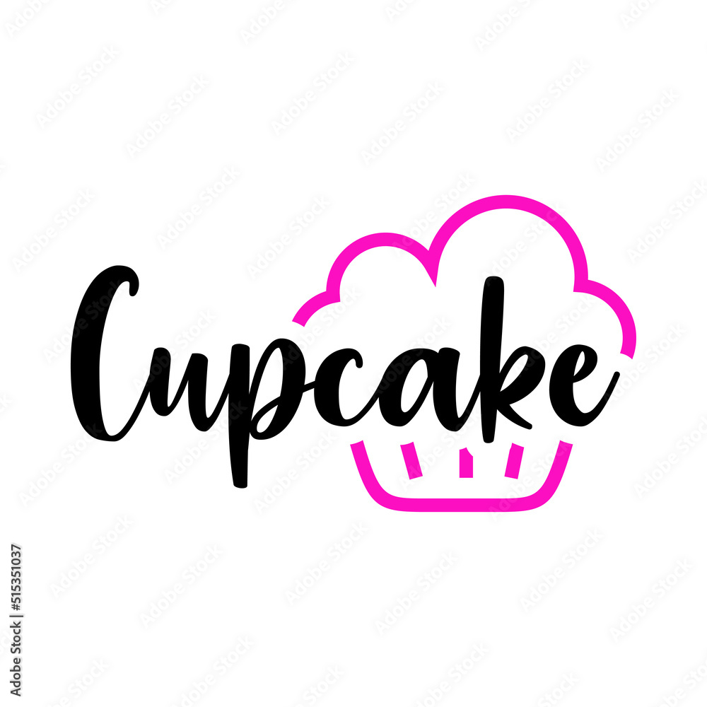 Banner con texto manuscrito Cupcake. Logotipo de pastelería. Vector con silueta de magdalena con líneas. Color rosa y negro