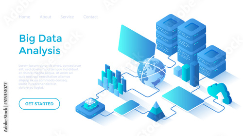 Big Data Analysis. Storage, Machine learning algorithms, Analyzing, Distribution Information, Reporting for optimization. Isometric illustration. Landing page template for web on white background.