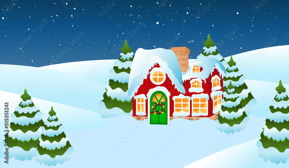 House on a snow-covered valley in the village. Housing Santa Claus in the snow near the Christmas trees. It's snowing in the background. Family evening festive landscape.